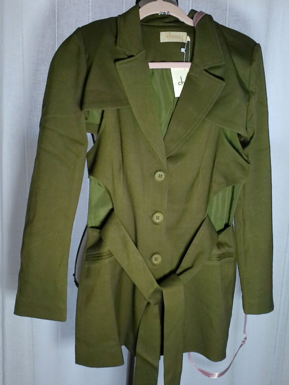 CHOOSY NWT Long Sleeve Collared & Belted Button-Up Oilve Green Jacket 2